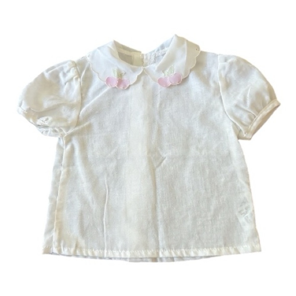 VINTAGE PETIT BATEAU WHITE COTTON BLOUSE WITH PINK CHERRIES DETAIL 3 MONTH SIZE